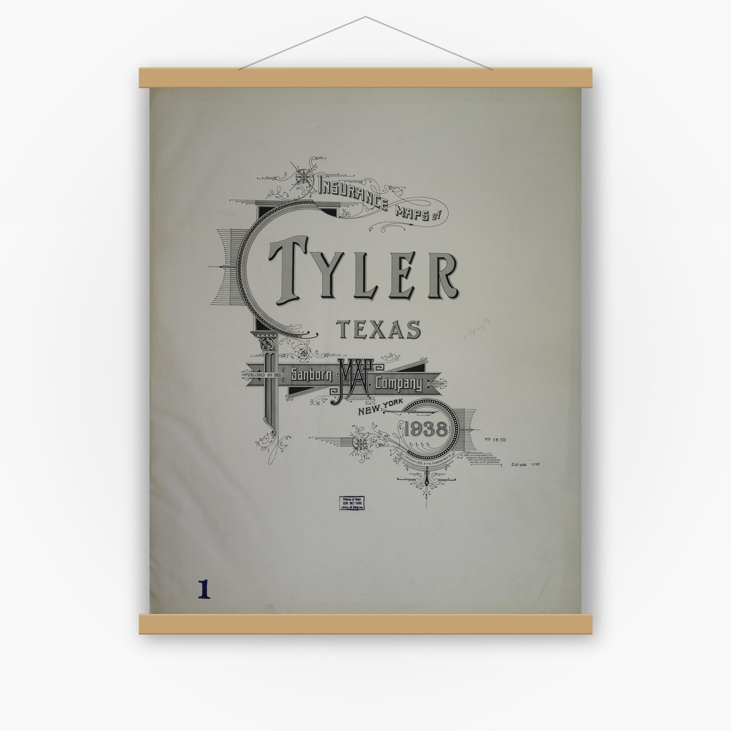 Old map wall art mockup — magnetic wood frame on white wall — Sanborn Fire Insurance Map from Tyler, Smith County, Texas (1938), Sheet #0001