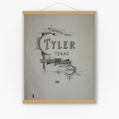 Old map wall art mockup — magnetic wood frame on white wall — Sanborn Fire Insurance Map from Tyler, Smith County, Texas (1938), Sheet #0001