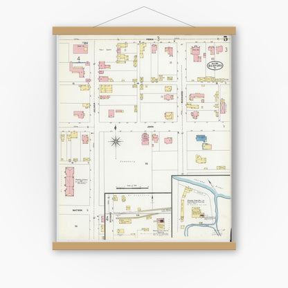 Old map wall art mockup — magnetic wood frame on white wall — Sanborn Fire Insurance Map from Bedford, Bedford County, Pennsylvania (1906), Sheet #0005