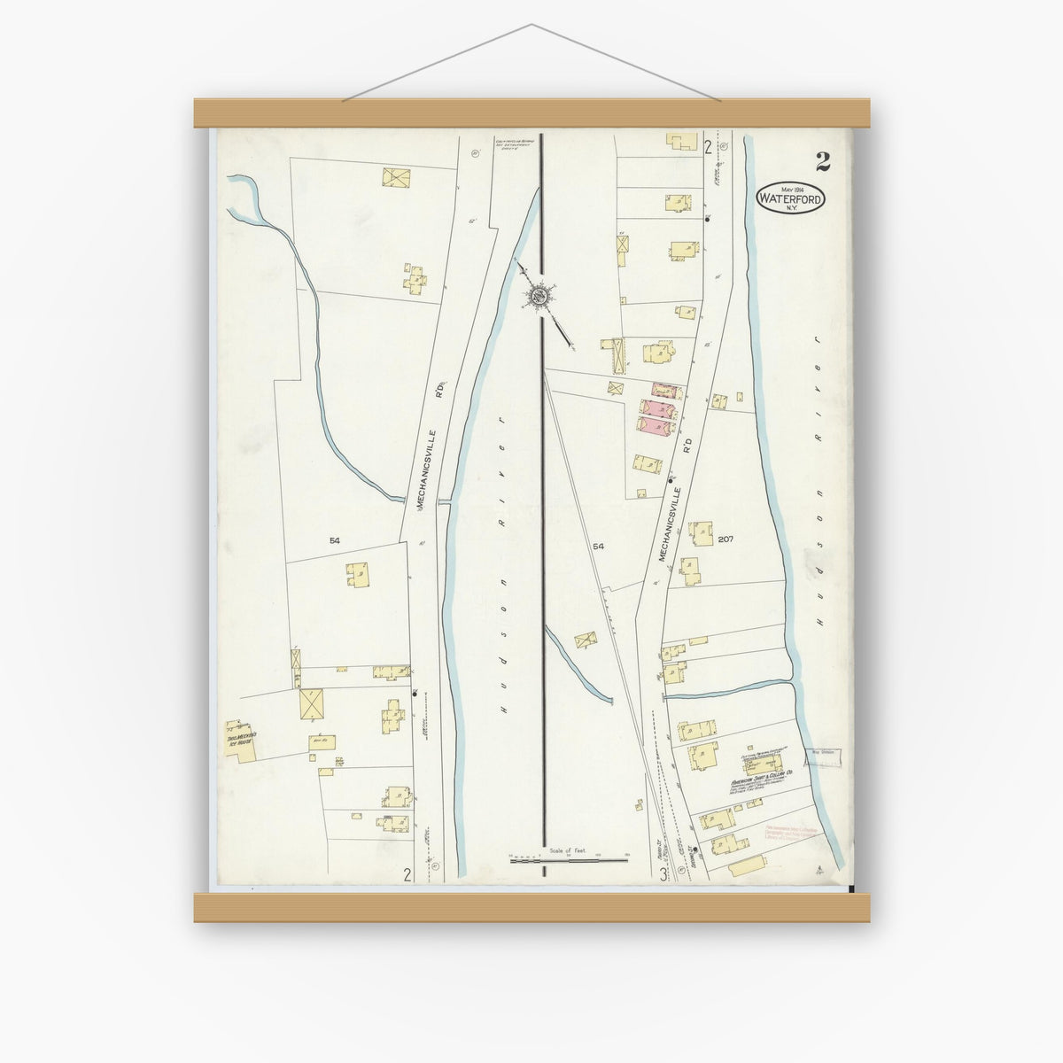 Old map wall art mockup — magnetic wood frame on white wall — Sanborn Fire Insurance Map from Waterford, Saratoga County, New York (1914), Sheet #0002