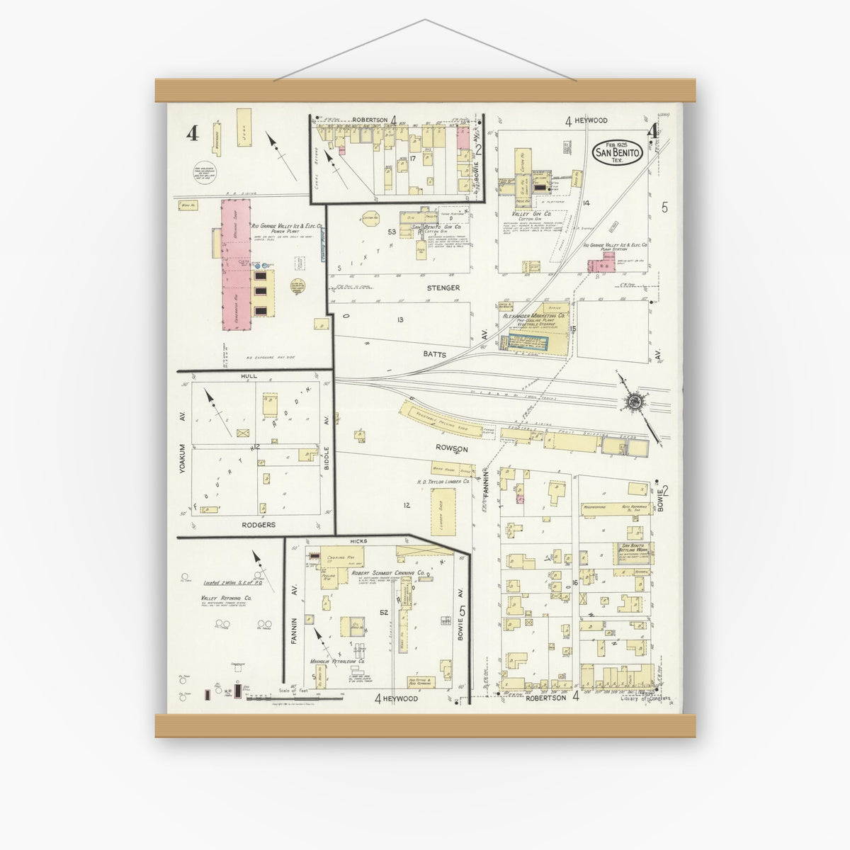 Old map wall art mockup — magnetic wood frame on white wall — Sanborn Fire Insurance Map from San Benito, Cameron County, Texas (1925), Sheet #0004