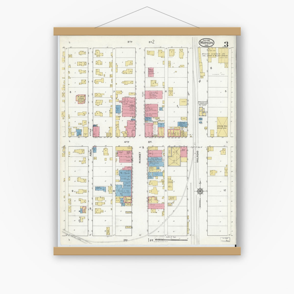 Old map wall art mockup — magnetic wood frame on white wall — Sanborn Fire Insurance Map from Monon, White County, Indiana (1916), Sheet #0003