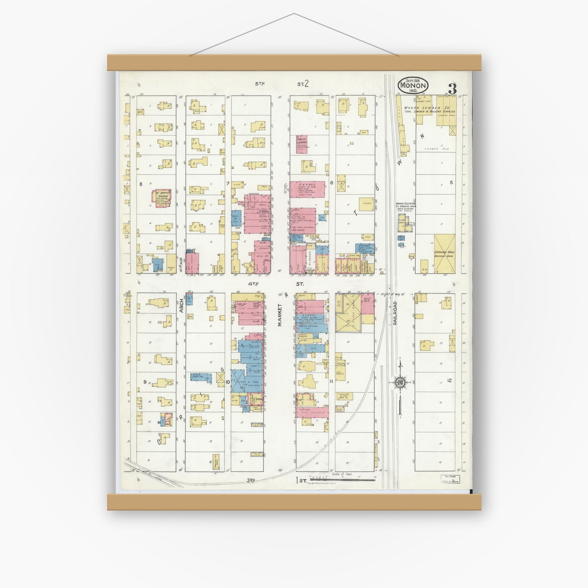 Old map wall art mockup — magnetic wood frame on white wall — Sanborn Fire Insurance Map from Monon, White County, Indiana (1916), Sheet #0003