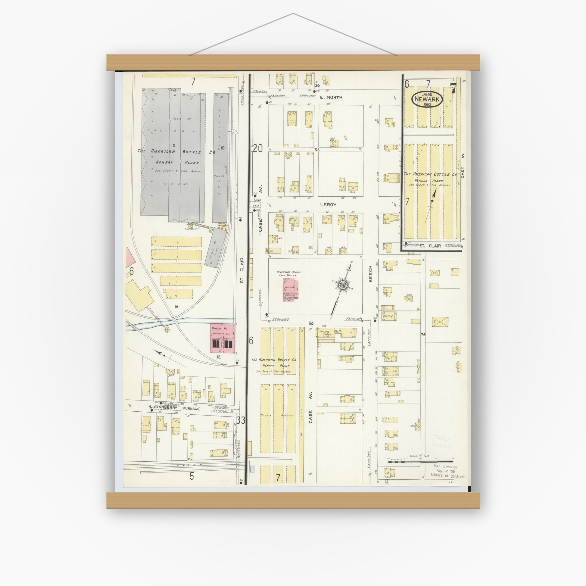 Old map wall art mockup — magnetic wood frame on white wall — Sanborn Fire Insurance Map from Newark, Licking County, Ohio (1912), Sheet #0007