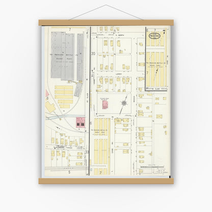 Old map wall art mockup — magnetic wood frame on white wall — Sanborn Fire Insurance Map from Newark, Licking County, Ohio (1912), Sheet #0007