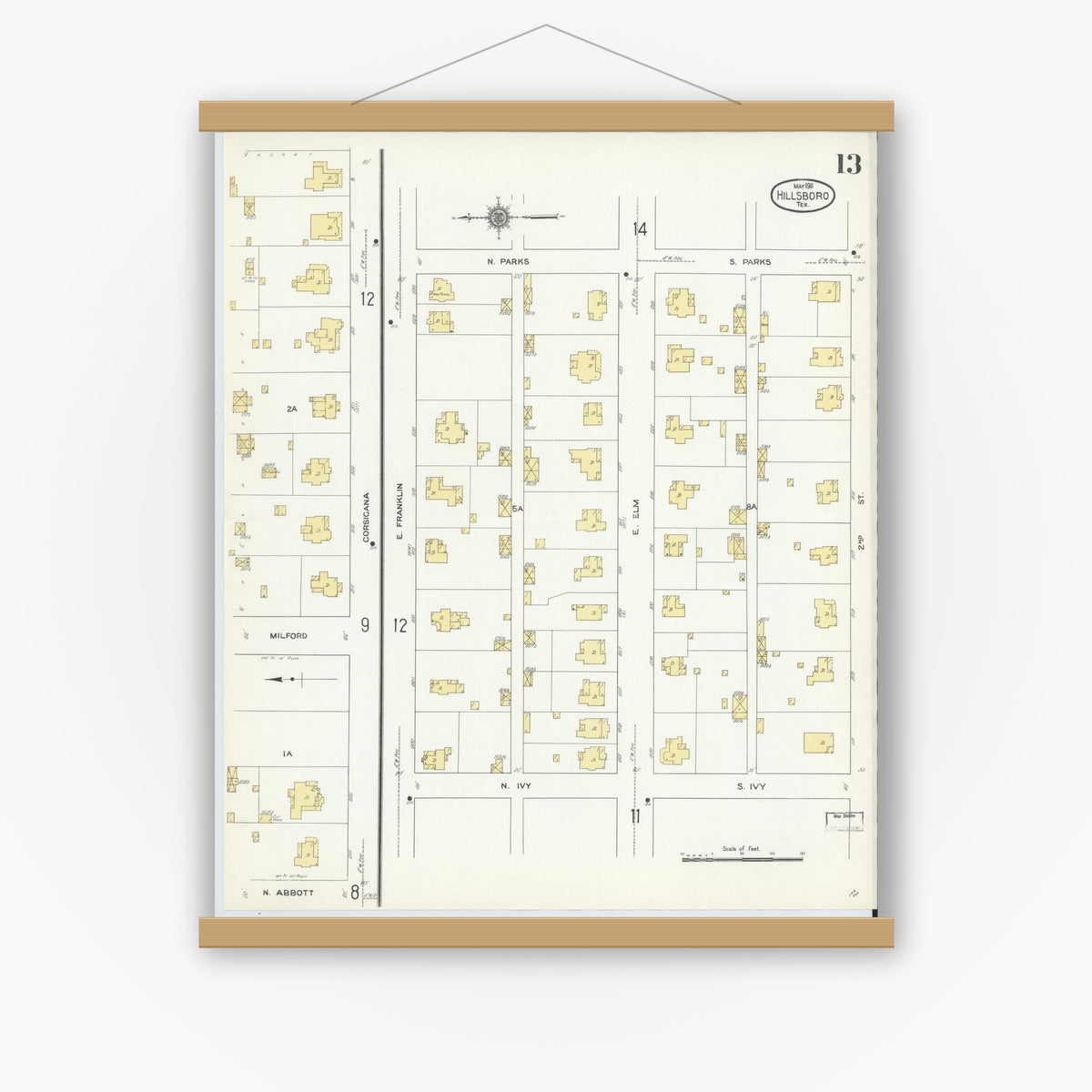 Old map wall art mockup — magnetic wood frame on white wall — Sanborn Fire Insurance Map from Hillsboro, Hill County, Texas (1911), Sheet #0013