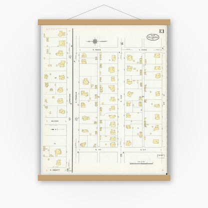 Old map wall art mockup — magnetic wood frame on white wall — Sanborn Fire Insurance Map from Hillsboro, Hill County, Texas (1911), Sheet #0013