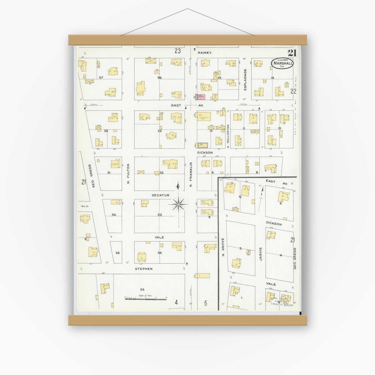 Old map wall art mockup — magnetic wood frame on white wall — Sanborn Fire Insurance Map from Marshall, Harrison County, Texas (1909), Sheet #0021