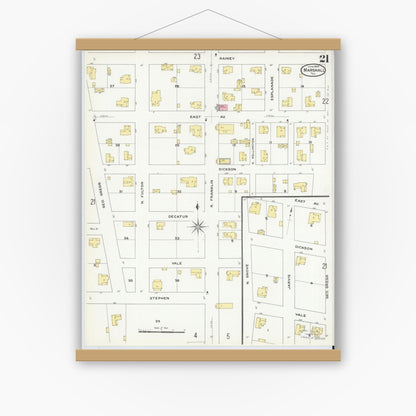 Old map wall art mockup — magnetic wood frame on white wall — Sanborn Fire Insurance Map from Marshall, Harrison County, Texas (1909), Sheet #0021