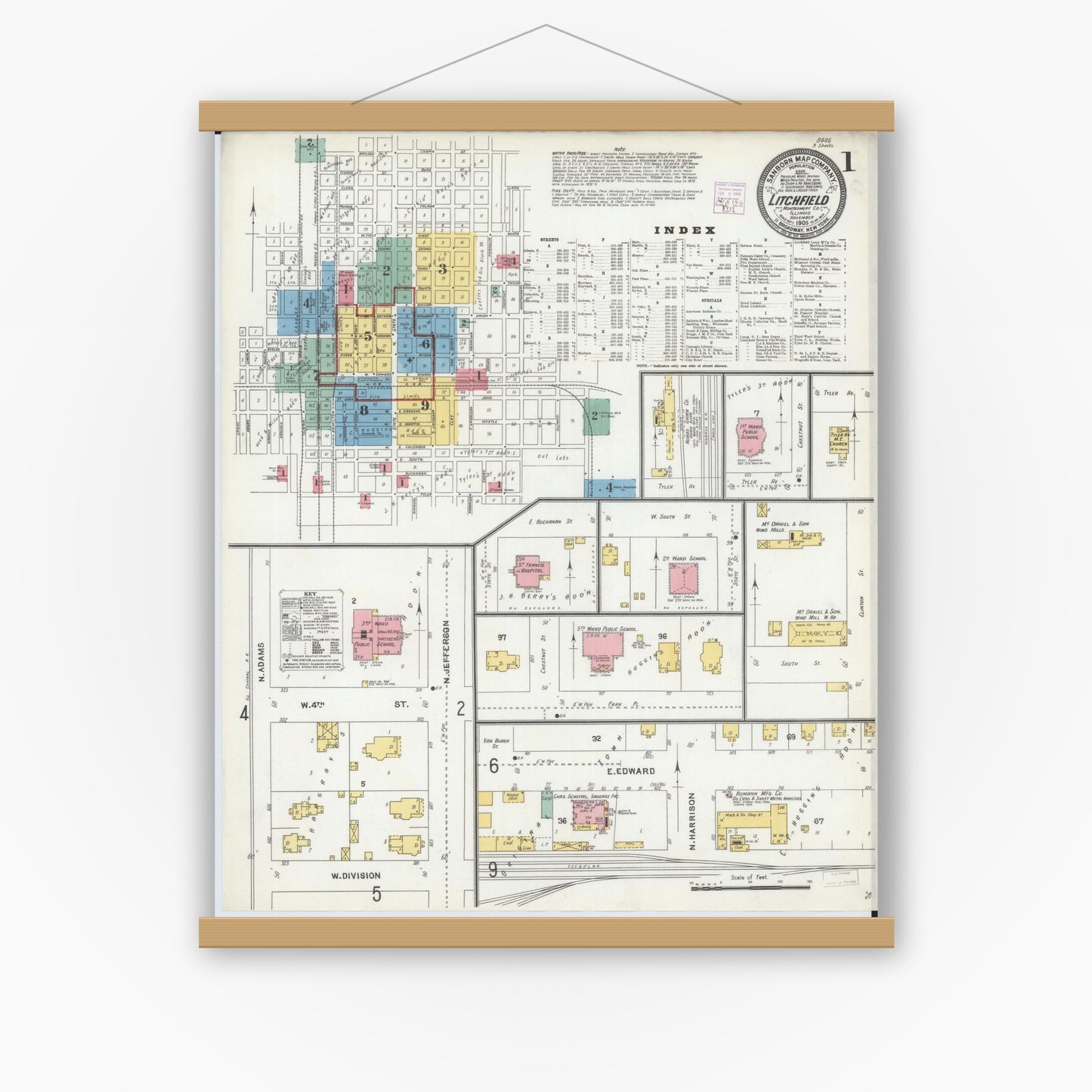 Old map wall art mockup — magnetic wood frame on white wall — Sanborn Fire Insurance Map from Litchfield, Montgomery County, Illinois (1905), Sheet #0001