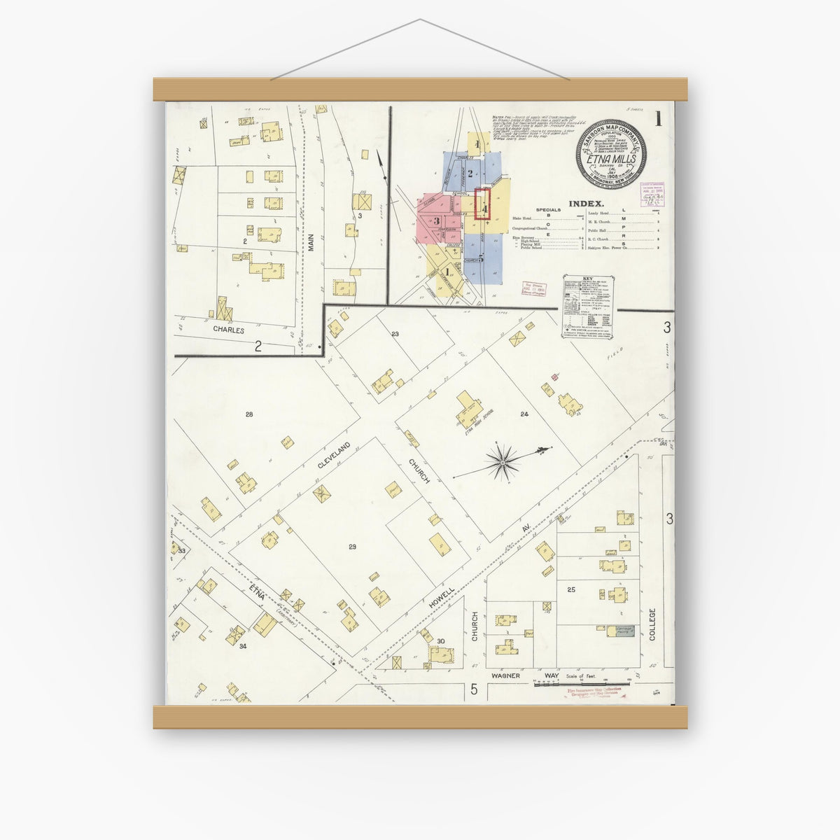 Old map wall art mockup — magnetic wood frame on white wall — Sanborn Fire Insurance Map from Etna, Siskiyou County, California (1908) - Complete Map Set