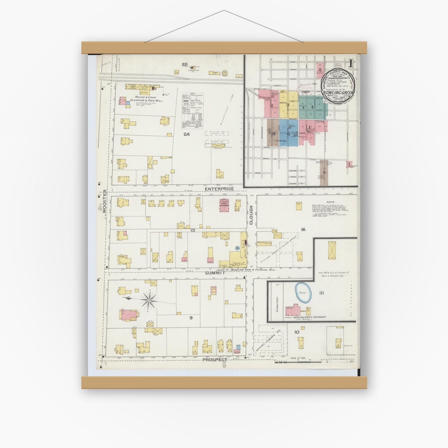 Old map wall art mockup — magnetic wood frame on white wall — Sanborn Fire Insurance Map from Bowling Green, Wood County, Ohio (1893), Sheet #0001