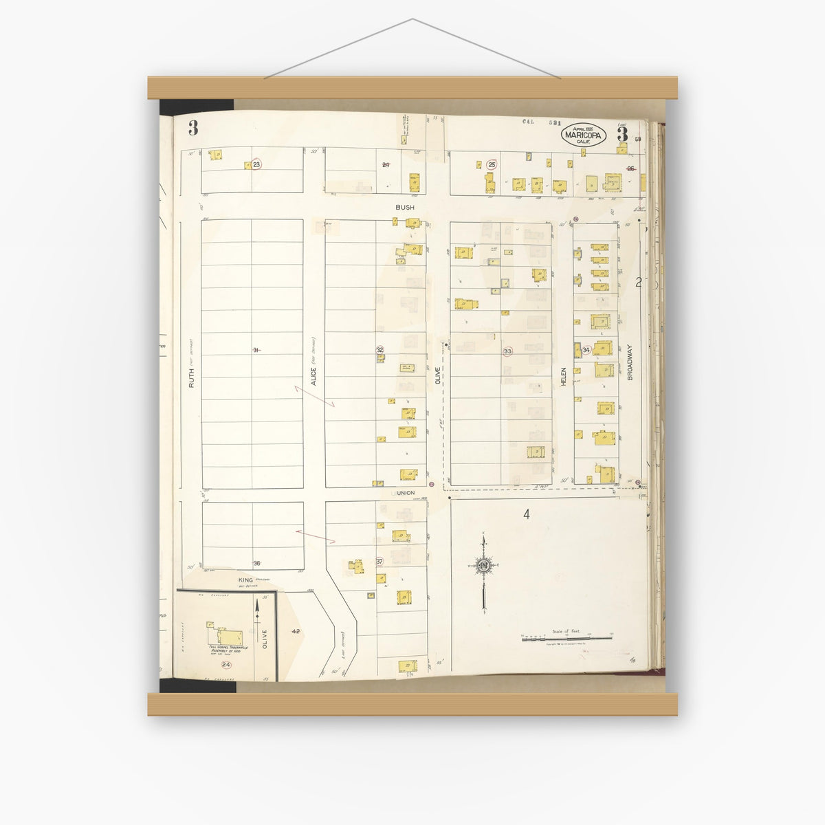 Old map wall art mockup — magnetic wood frame on white wall — Sanborn Fire Insurance Map from Maricopa, Kern County, California (1942), Sheet #0003