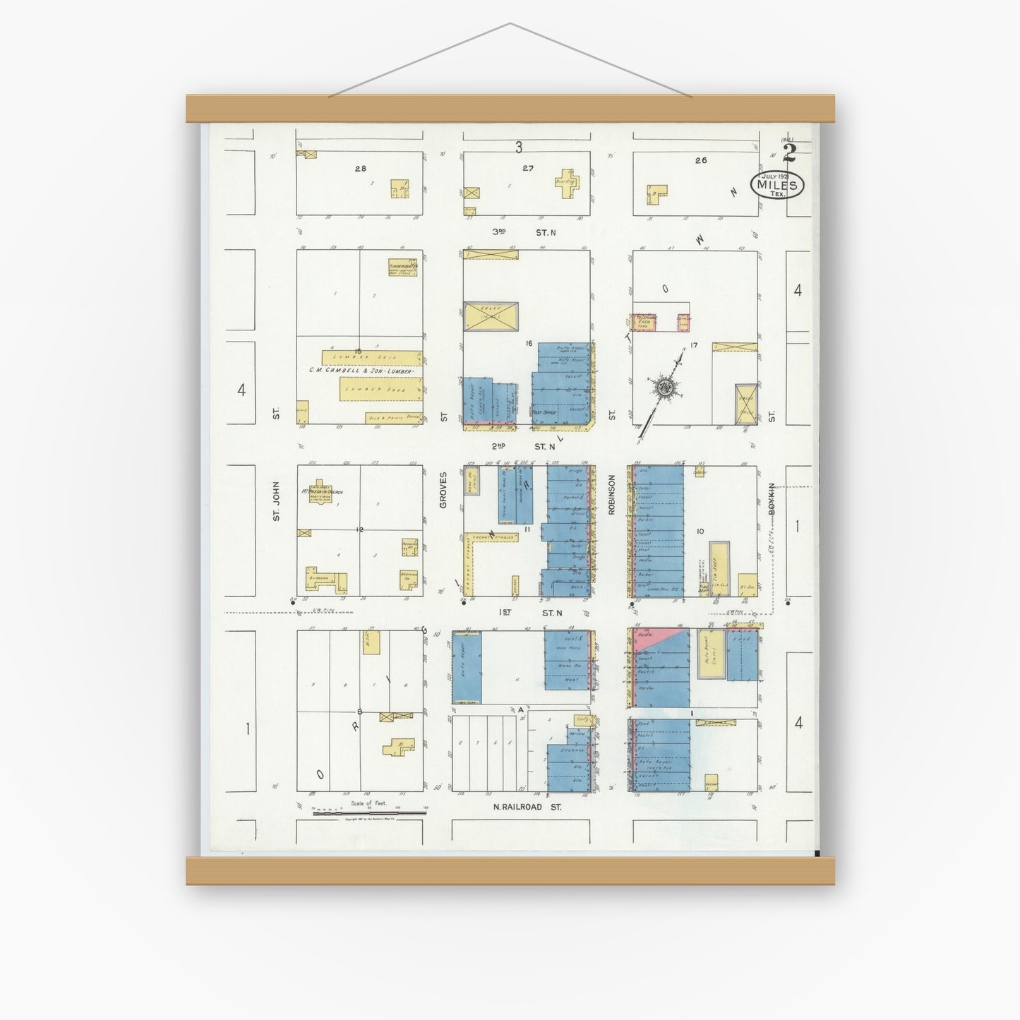 Old map wall art mockup — magnetic wood frame on white wall — Sanborn Fire Insurance Map from Miles, Runnels County, Texas (1921), Sheet #0002