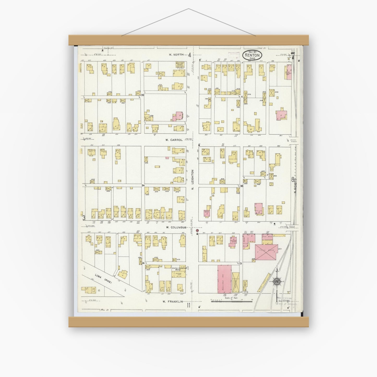 Old map wall art mockup — magnetic wood frame on white wall — Sanborn Fire Insurance Map from Kenton, Hardin County, Ohio (1911), Sheet #0007