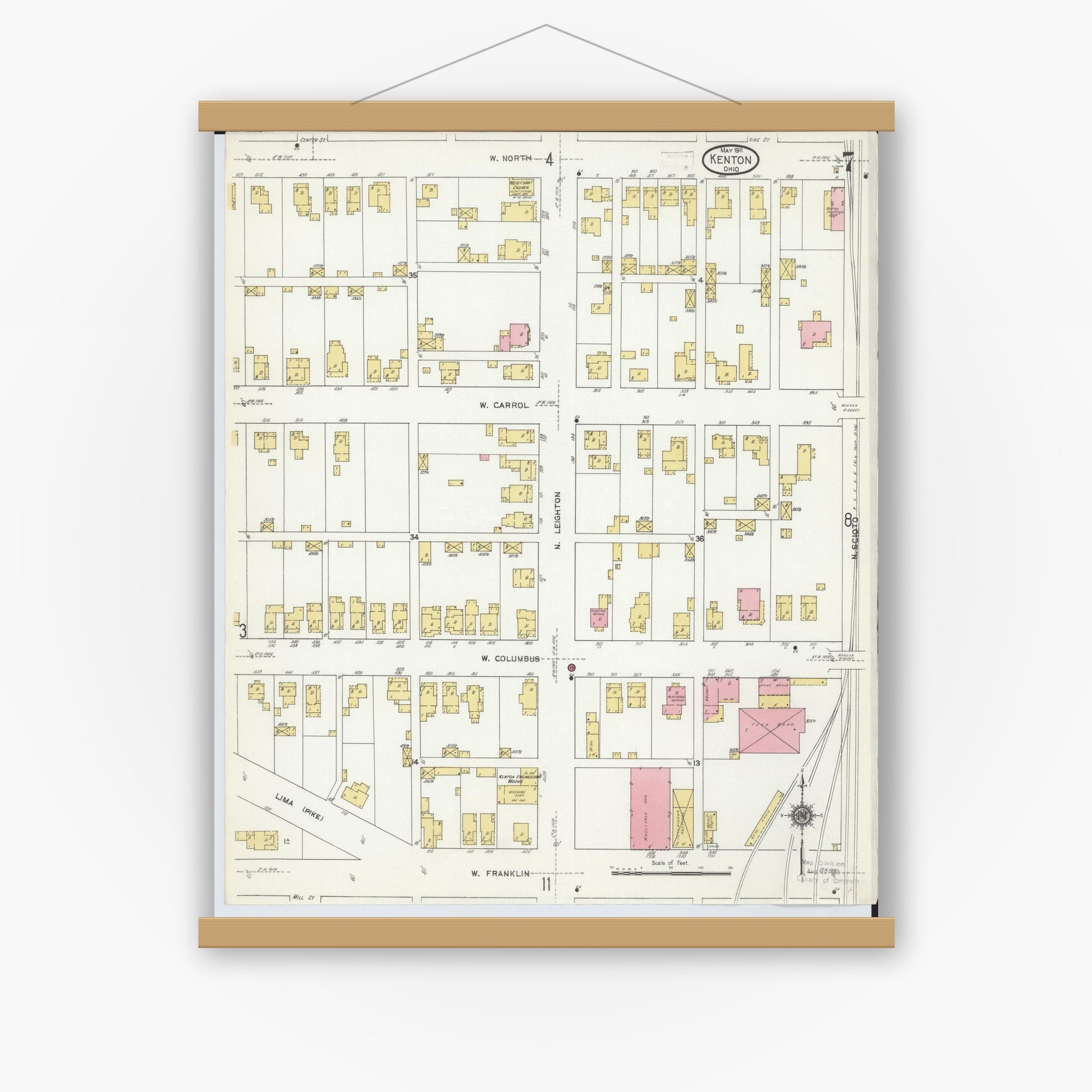 Old map wall art mockup — magnetic wood frame on white wall — Sanborn Fire Insurance Map from Kenton, Hardin County, Ohio (1911), Sheet #0007