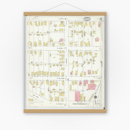 Old map wall art mockup — magnetic wood frame on white wall — Sanborn Fire Insurance Map from Kenton, Hardin County, Ohio (1911), Sheet #0007