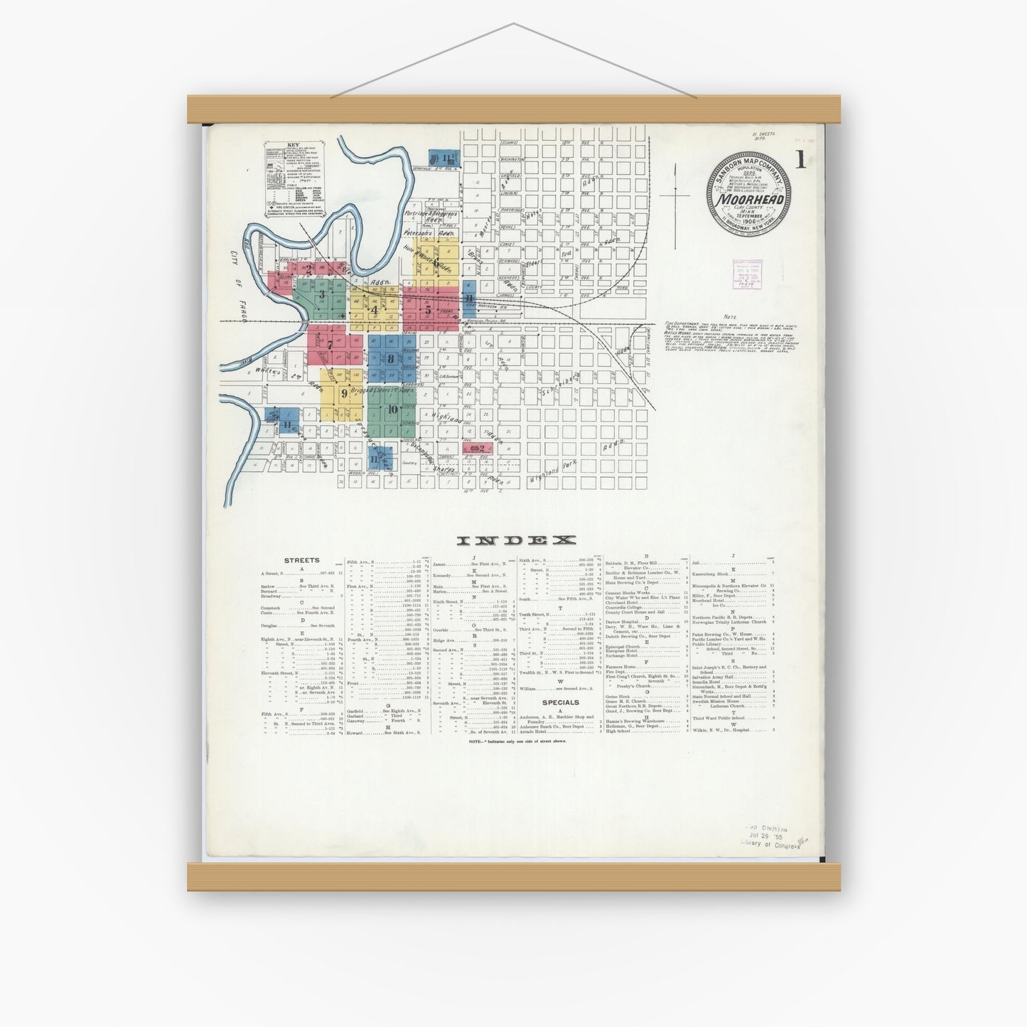 Old map wall art mockup — magnetic wood frame on white wall — Sanborn Fire Insurance Map from Moorhead, Clay County, Minnesota (1906) - Complete Map Set