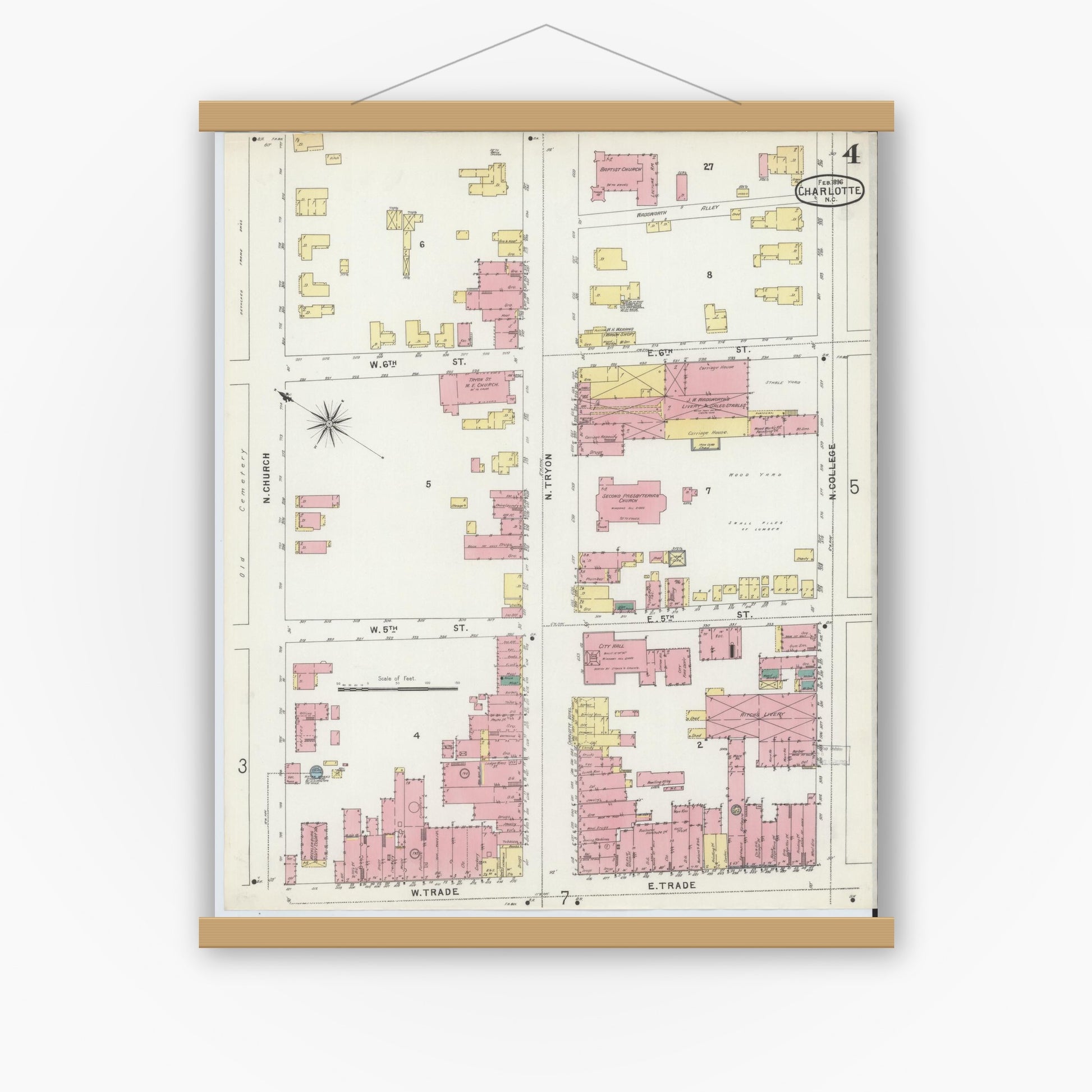 Old map wall art mockup — magnetic wood frame on white wall — Sanborn Fire Insurance Map from Charlotte, Mecklenburg County, North Carolina (1896), Sheet #0004