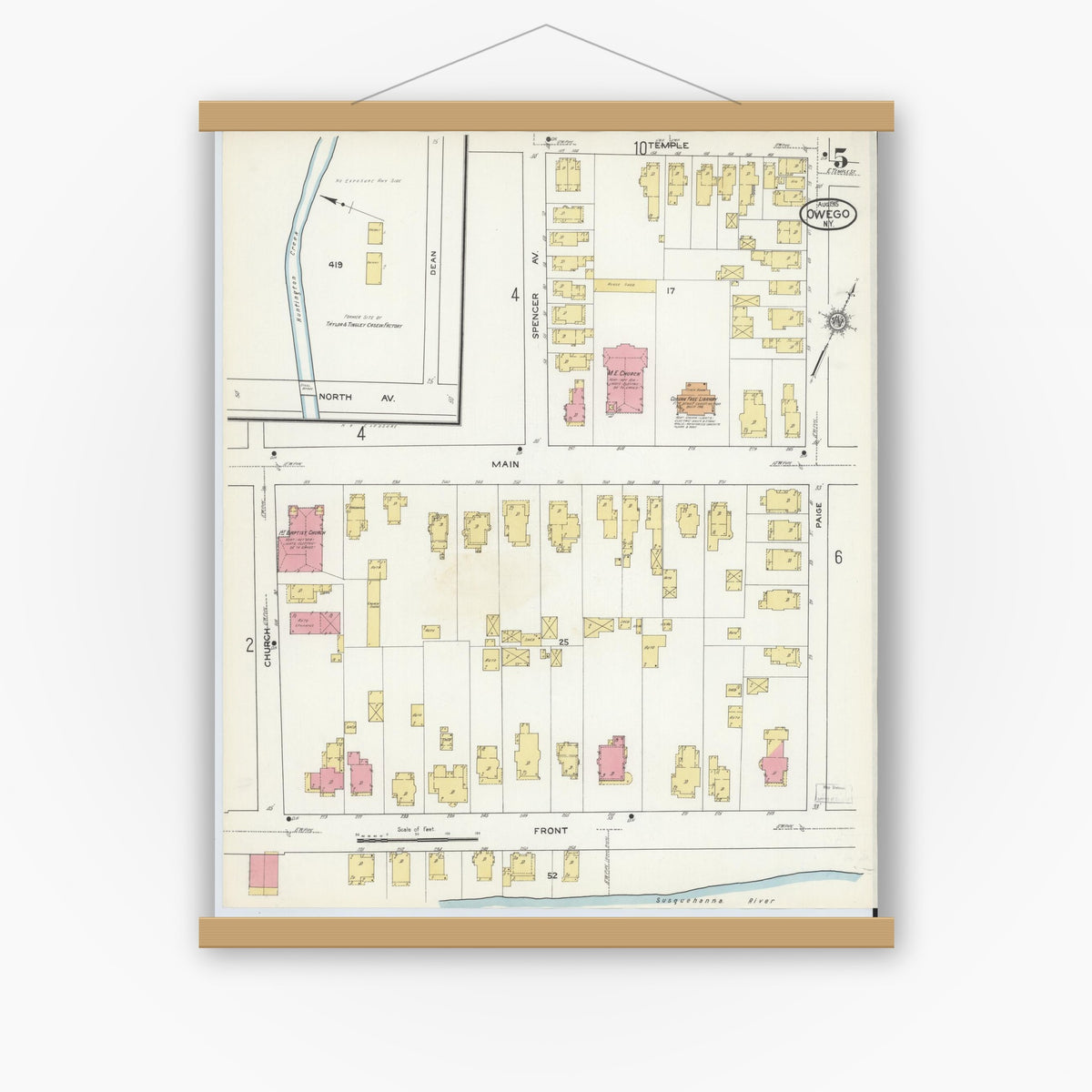 Old map wall art mockup — magnetic wood frame on white wall — Sanborn Fire Insurance Map from Owego, Tioga County, New York (1915), Sheet #0005