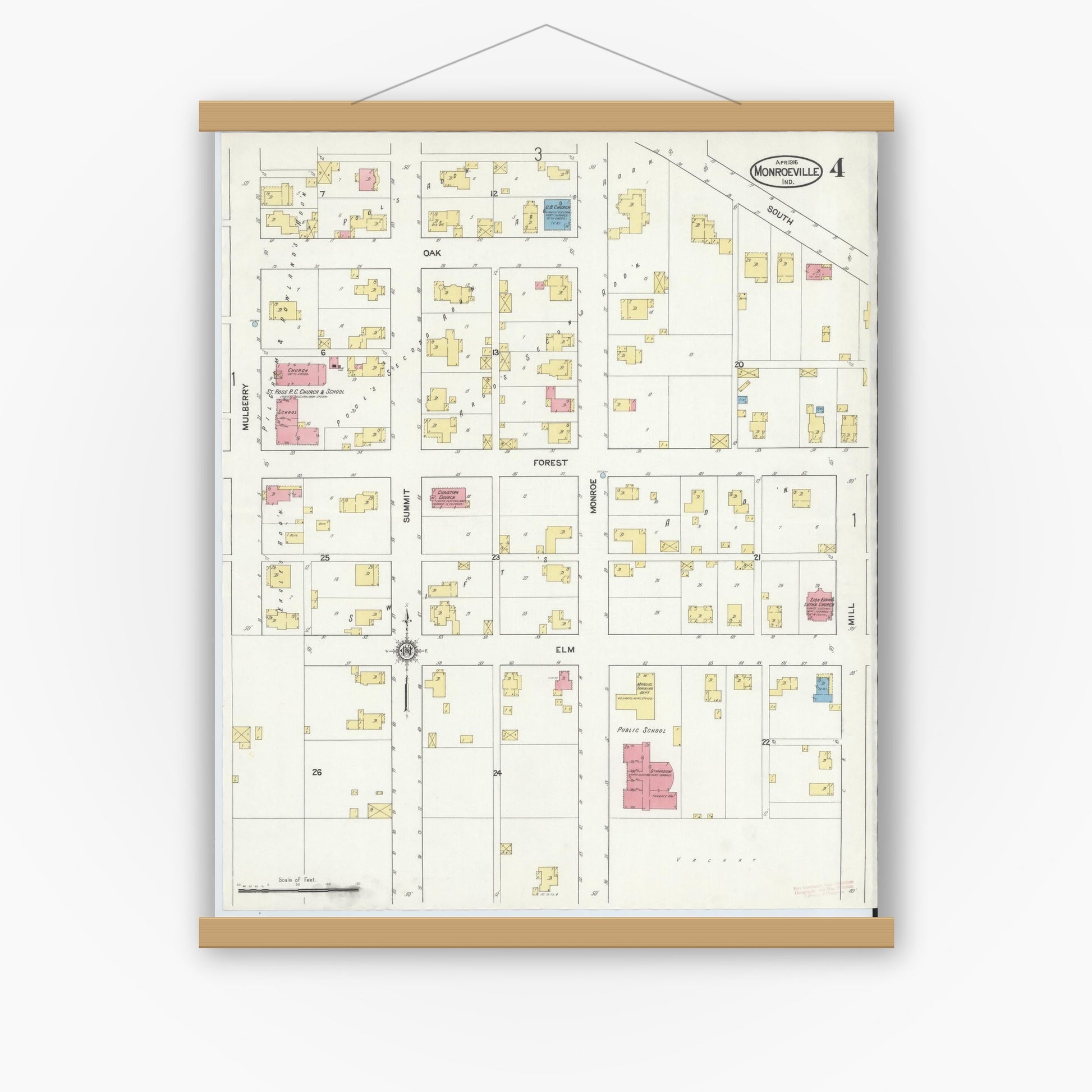 Old map wall art mockup — magnetic wood frame on white wall — Sanborn Fire Insurance Map from Monroeville, Allen County, Indiana (1916), Sheet #0004
