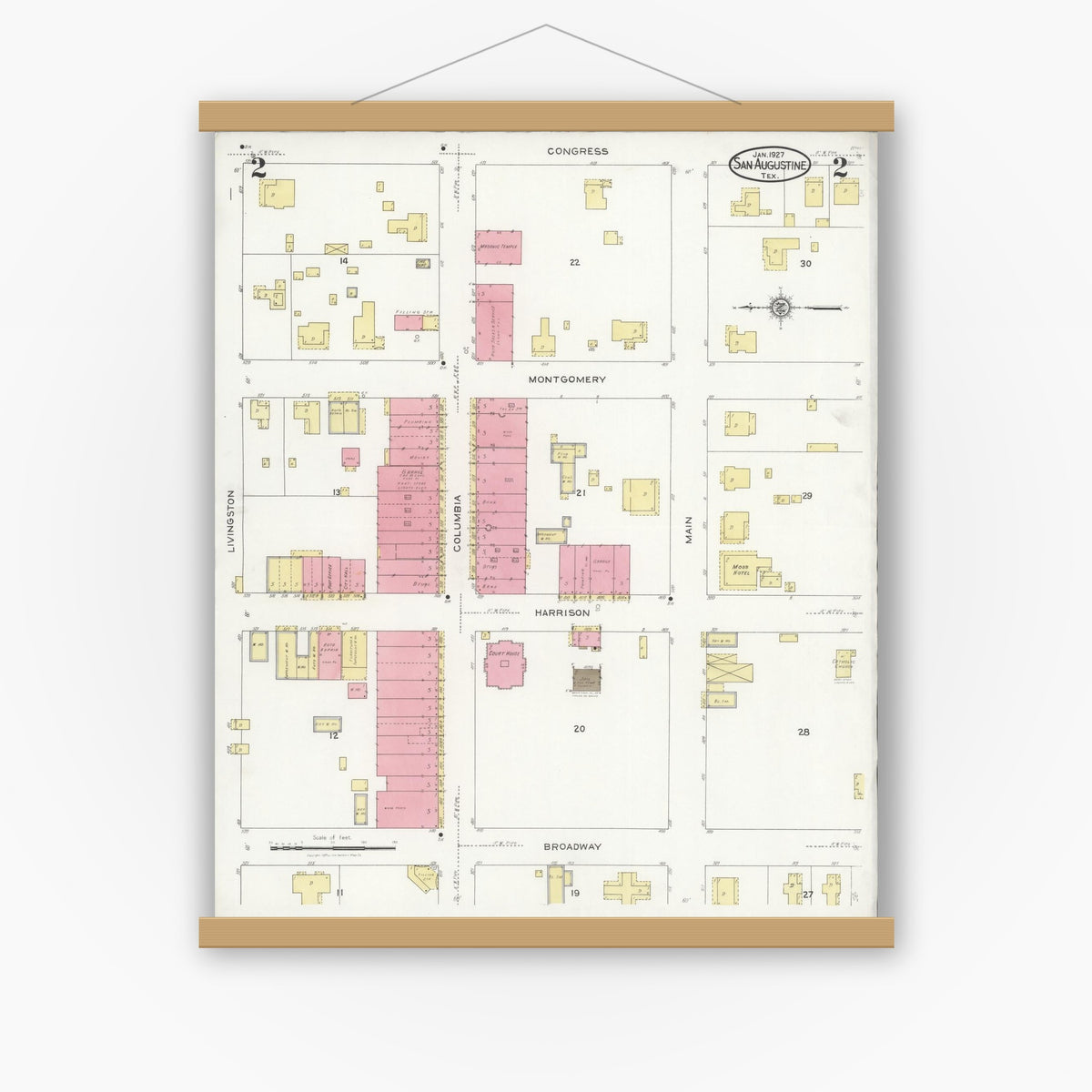 Old map wall art mockup — magnetic wood frame on white wall — Sanborn Fire Insurance Map from San Augustine, San Augustine County, Texas (1927), Sheet #0002