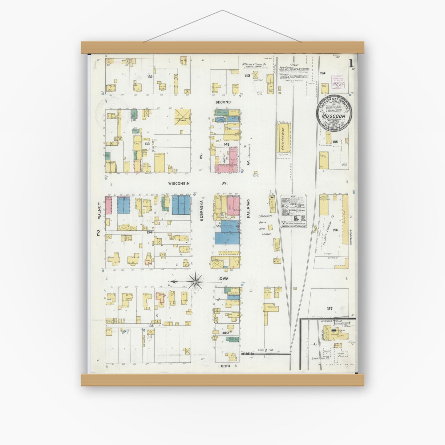 Old map wall art mockup — magnetic wood frame on white wall — Sanborn Fire Insurance Map from Muscoda, Grant County, Wisconsin (1904), Sheet #0001