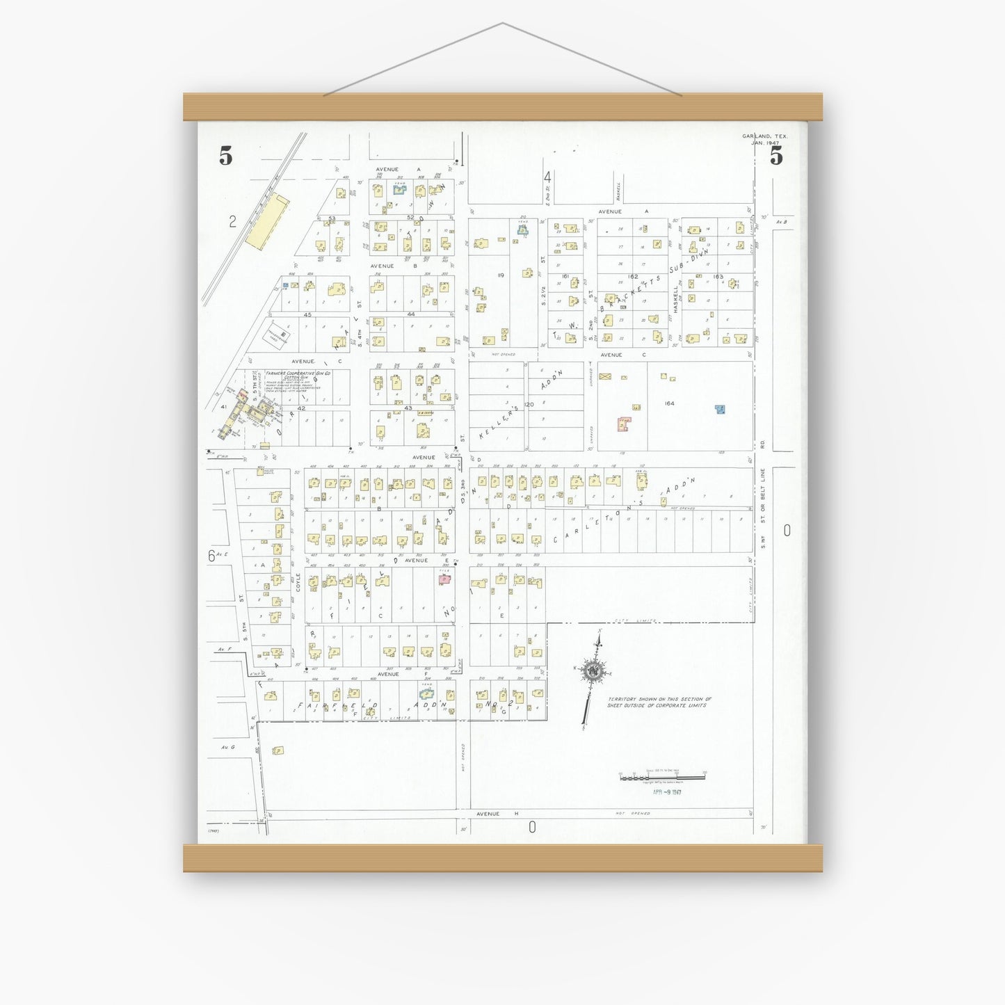 Old map wall art mockup — magnetic wood frame on white wall — Sanborn Fire Insurance Map from Garland, Dallas County, Texas (1947), Sheet #0005