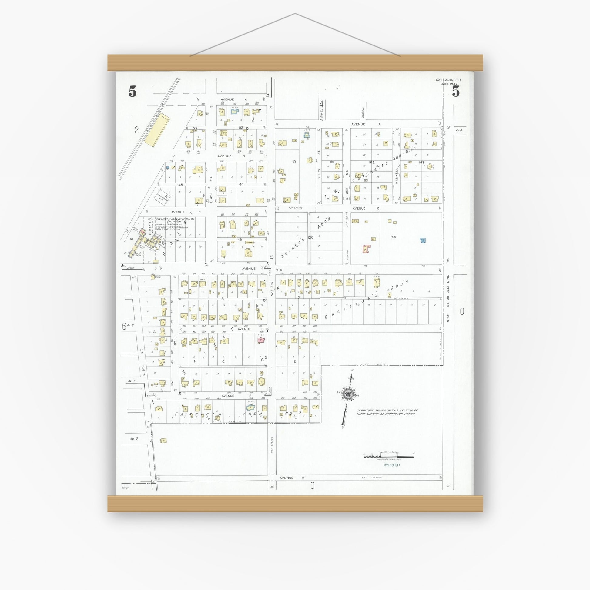 Old map wall art mockup — magnetic wood frame on white wall — Sanborn Fire Insurance Map from Garland, Dallas County, Texas (1947), Sheet #0005