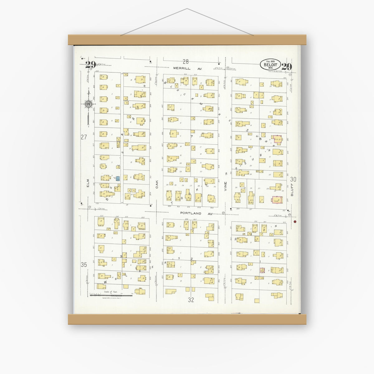 Old map wall art mockup — magnetic wood frame on white wall — Sanborn Fire Insurance Map from Beloit, Rock County, Wisconsin (1926), Sheet #0029