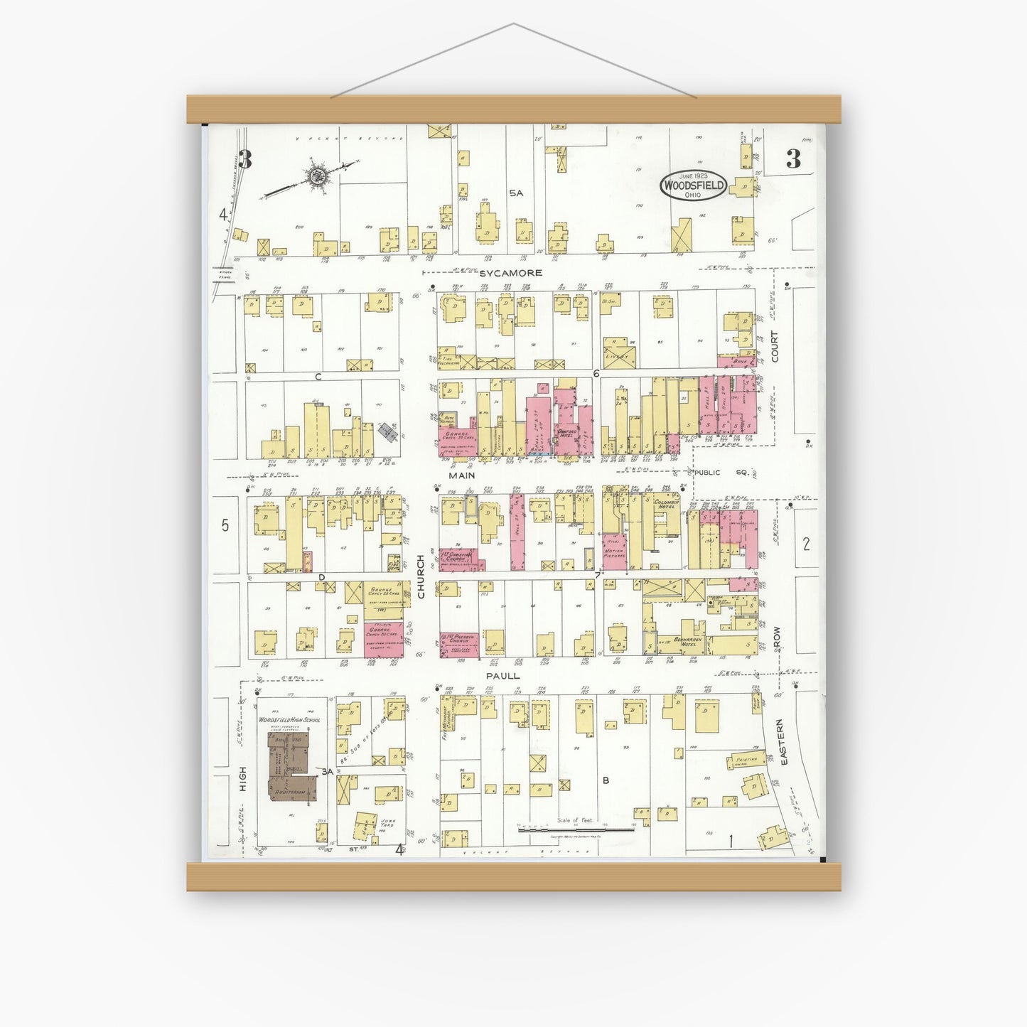Old map wall art mockup — magnetic wood frame on white wall — Sanborn Fire Insurance Map from Woodsfield, Monroe County, Ohio (1923), Sheet #0003