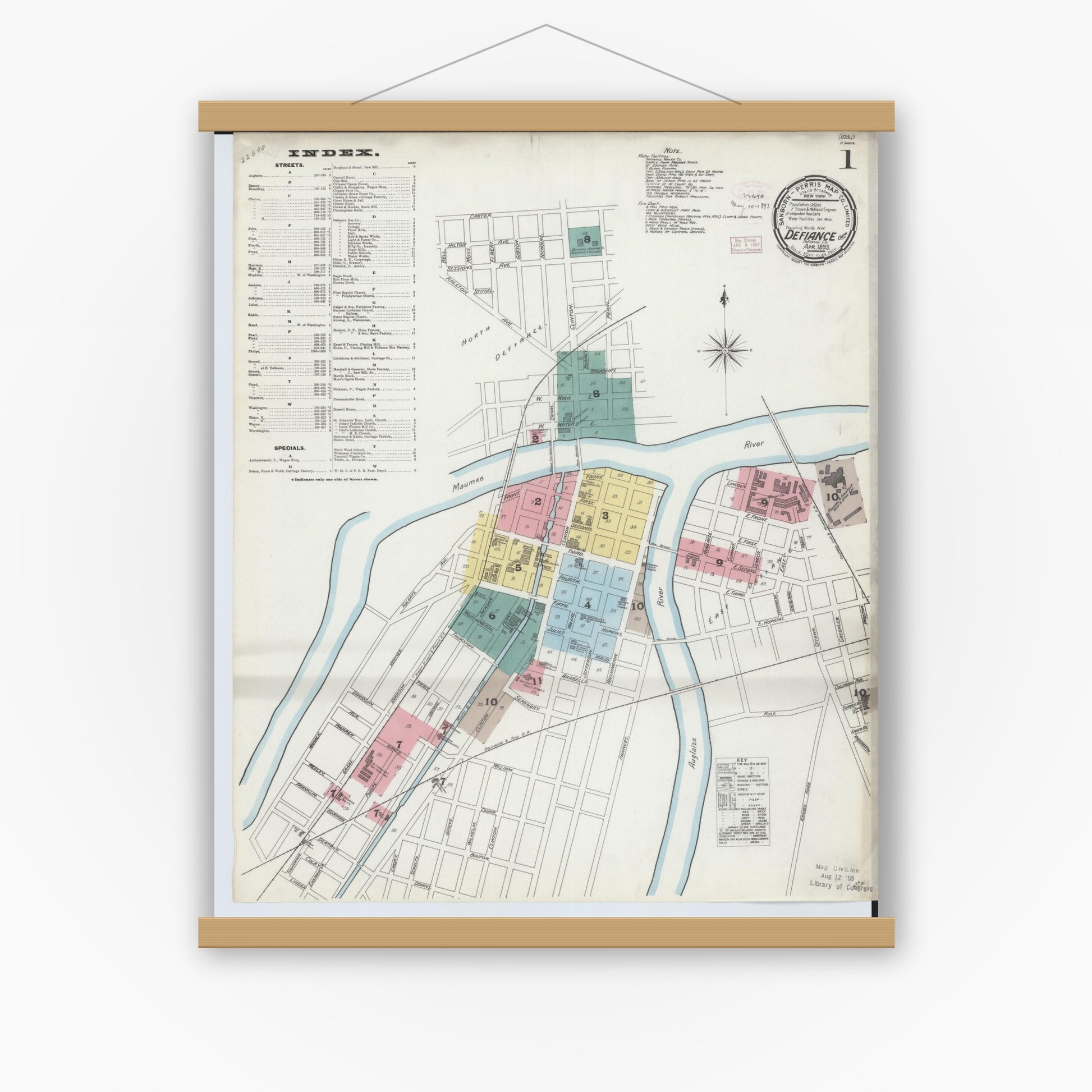Old map wall art mockup — magnetic wood frame on white wall — Sanborn Fire Insurance Map from Defiance, Defiance County, Ohio (1893), Sheet #0001