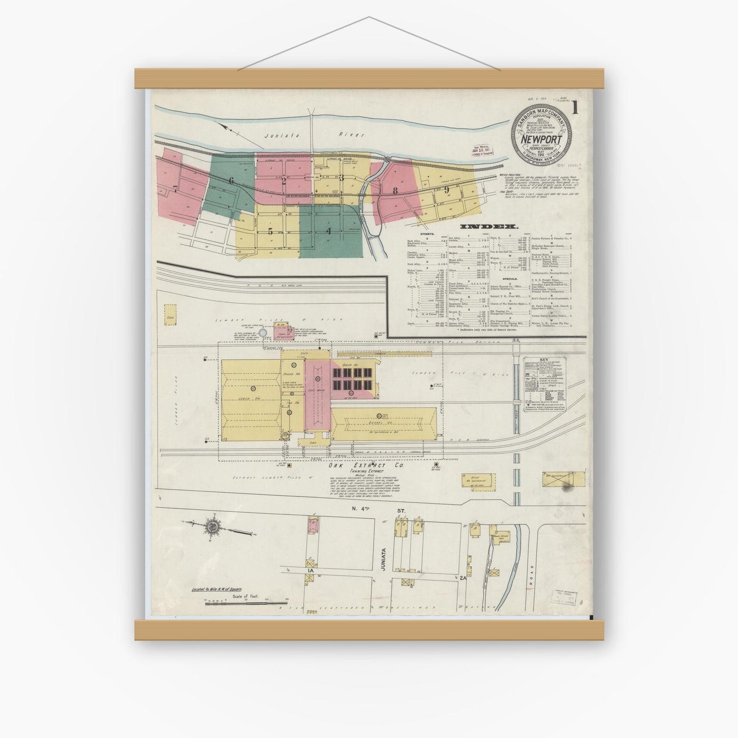 Old map wall art mockup — magnetic wood frame on white wall — Sanborn Fire Insurance Map from Newport, Perry County, Pennsylvania (1911) - Complete Map Set