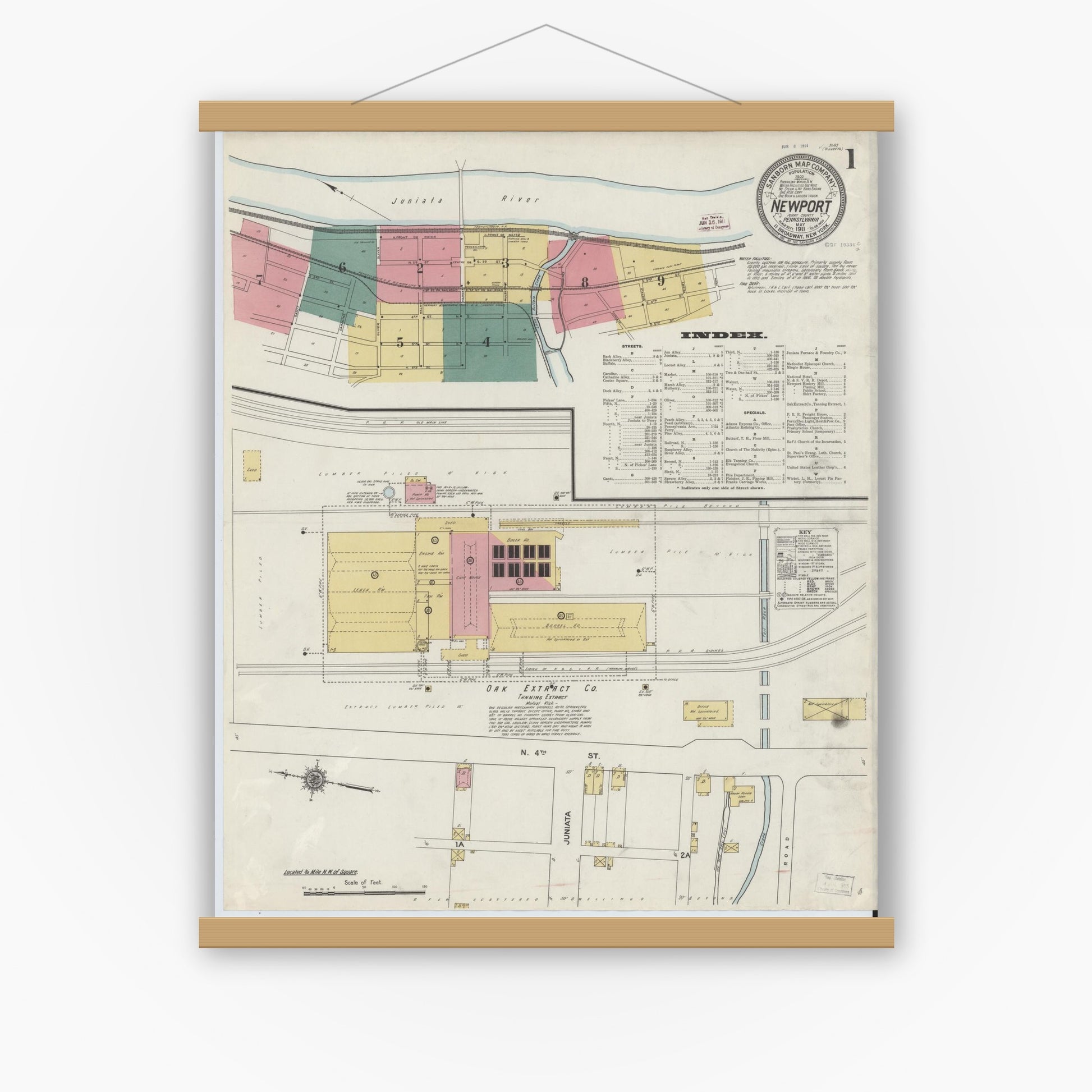 Old map wall art mockup — magnetic wood frame on white wall — Sanborn Fire Insurance Map from Newport, Perry County, Pennsylvania (1911) - Complete Map Set