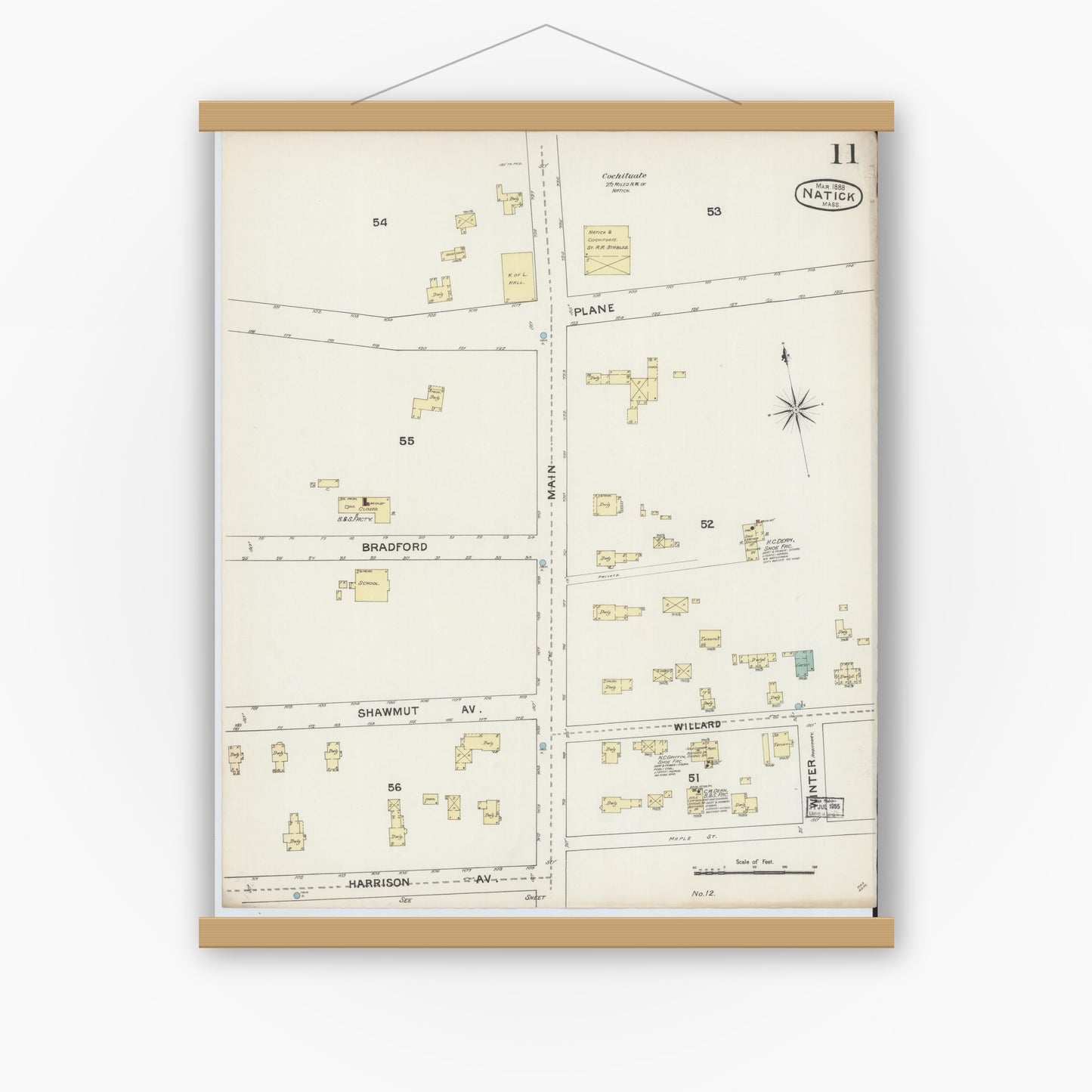 Old map wall art mockup — magnetic wood frame on white wall — Sanborn Fire Insurance Map from Natick, Middlesex County, Massachusetts (1888), Sheet #0011