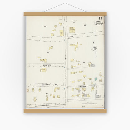 Old map wall art mockup — magnetic wood frame on white wall — Sanborn Fire Insurance Map from Natick, Middlesex County, Massachusetts (1888), Sheet #0011