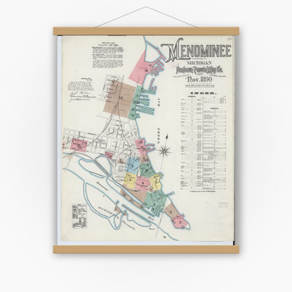 Old map wall art mockup — magnetic wood frame on white wall — Sanborn Fire Insurance Map from Menominee, Menominee County, Michigan (1890) - Complete Map Set