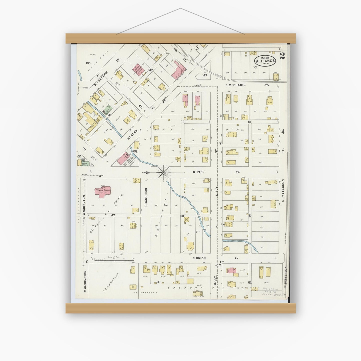 Old map wall art mockup — magnetic wood frame on white wall — Sanborn Fire Insurance Map from Alliance, Stark County, Ohio (1898), Sheet #0002