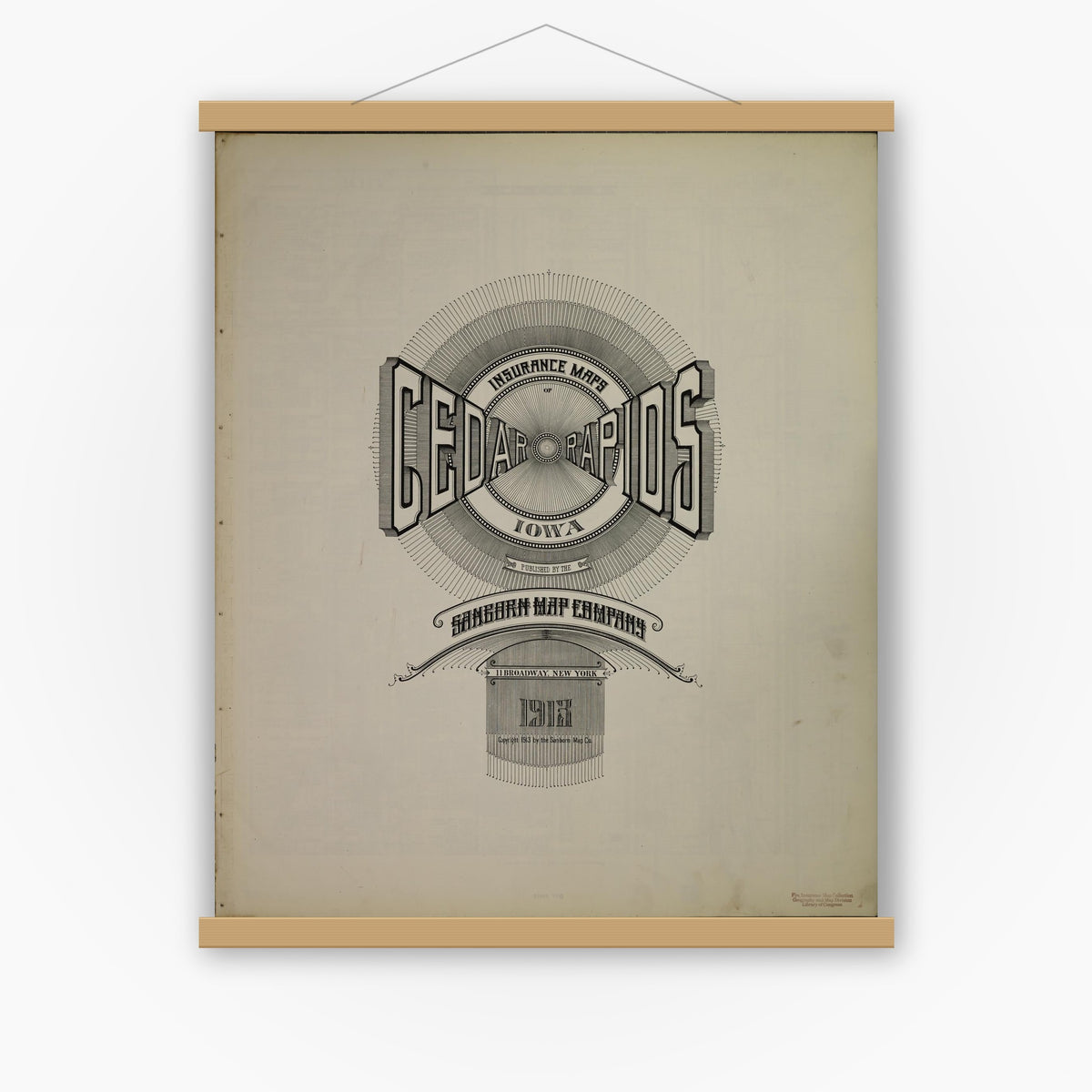 Old map wall art mockup — magnetic wood frame on white wall — Sanborn Fire Insurance Map from Cedar Rapids, Linn County, Iowa (1913), Sheet #0001