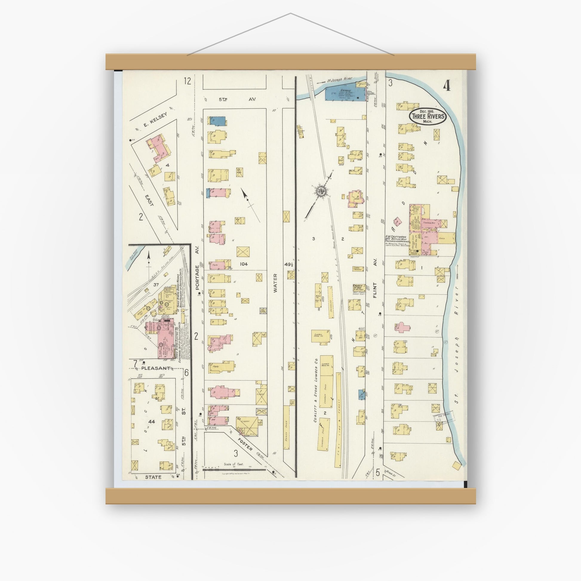 Old map wall art mockup — magnetic wood frame on white wall — Sanborn Fire Insurance Map from Three Rivers, Saint Joseph County, Michigan (1916), Sheet #0004