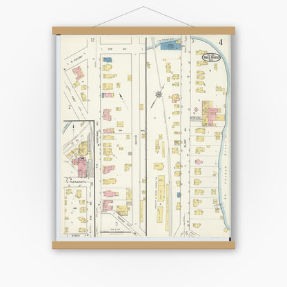 Old map wall art mockup — magnetic wood frame on white wall — Sanborn Fire Insurance Map from Three Rivers, Saint Joseph County, Michigan (1916), Sheet #0004