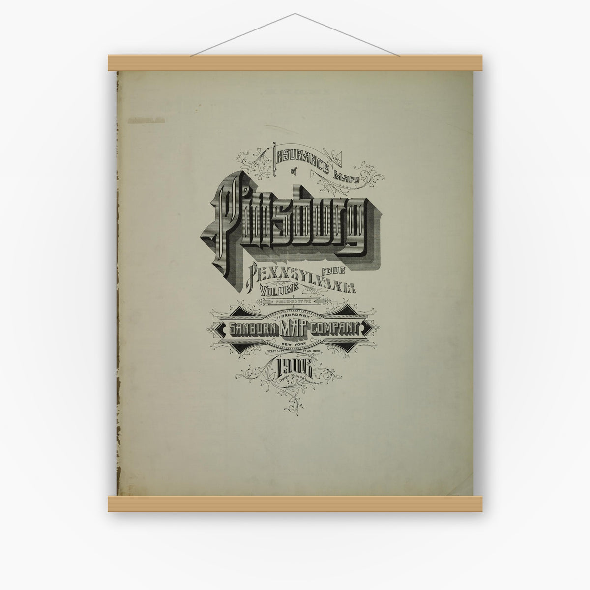 Old map wall art mockup — magnetic wood frame on white wall — Sanborn Fire Insurance Map from Pittsburgh, Allegheny County, Pennsylvania (1906), Sheet #0001