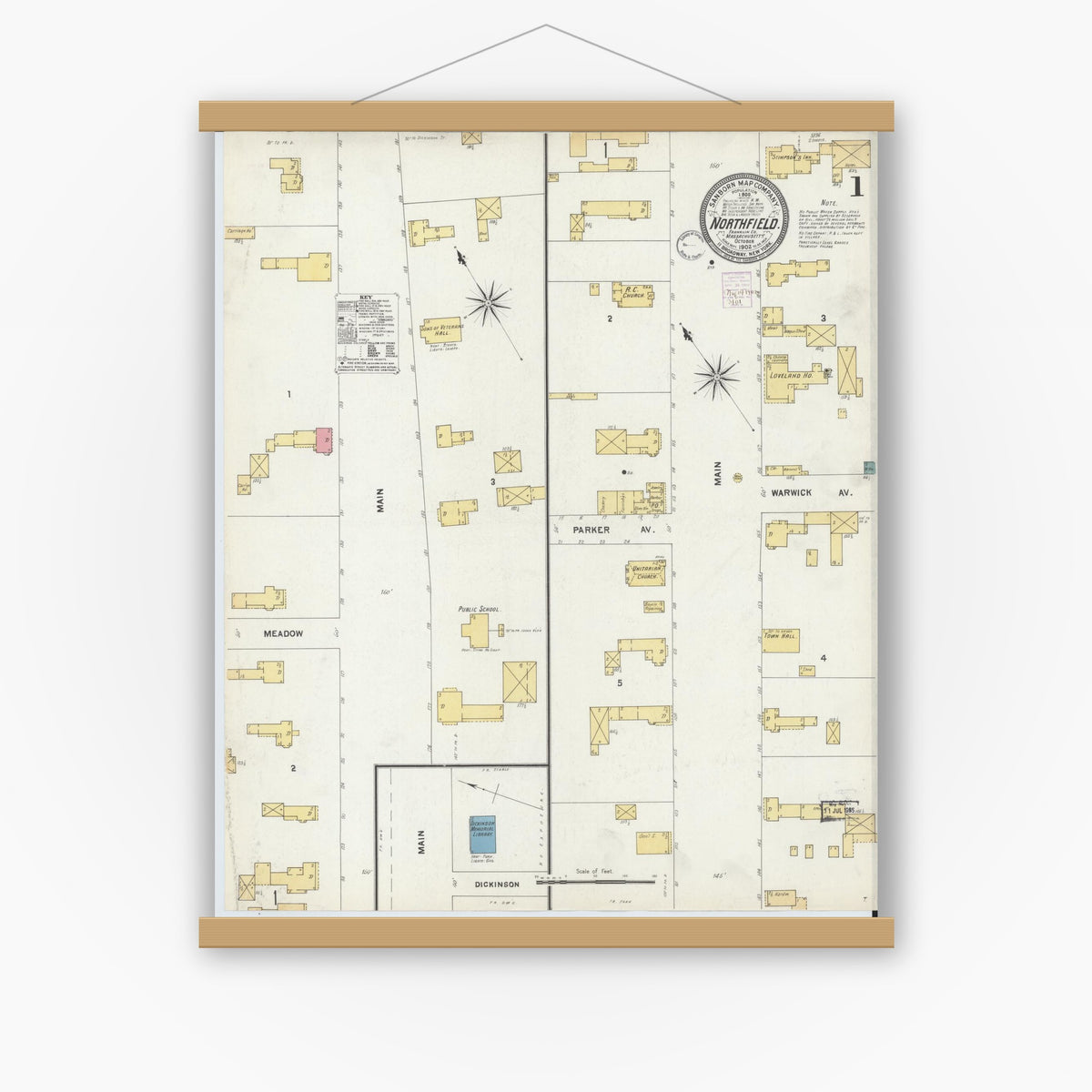 Old map wall art mockup — magnetic wood frame on white wall — Sanborn Fire Insurance Map from Northfield, Franklin County, Massachusetts (1902), Sheet #0001