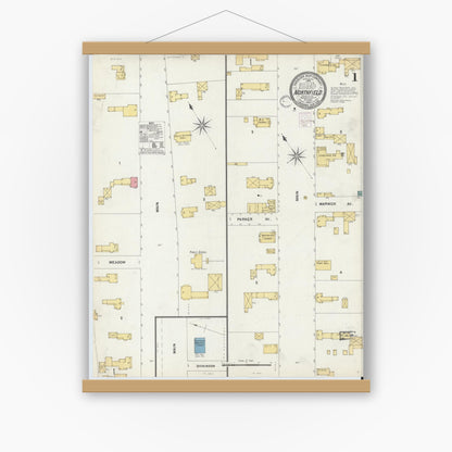 Old map wall art mockup — magnetic wood frame on white wall — Sanborn Fire Insurance Map from Northfield, Franklin County, Massachusetts (1902), Sheet #0001