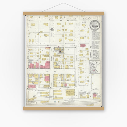 Old map wall art mockup — magnetic wood frame on white wall — Sanborn Fire Insurance Map from Winthrop, Sibley County, Minnesota (1917) - Complete Map Set