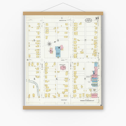Old map wall art mockup — magnetic wood frame on white wall — Sanborn Fire Insurance Map from Corning, Steuben County, New York (1908), Sheet #0010