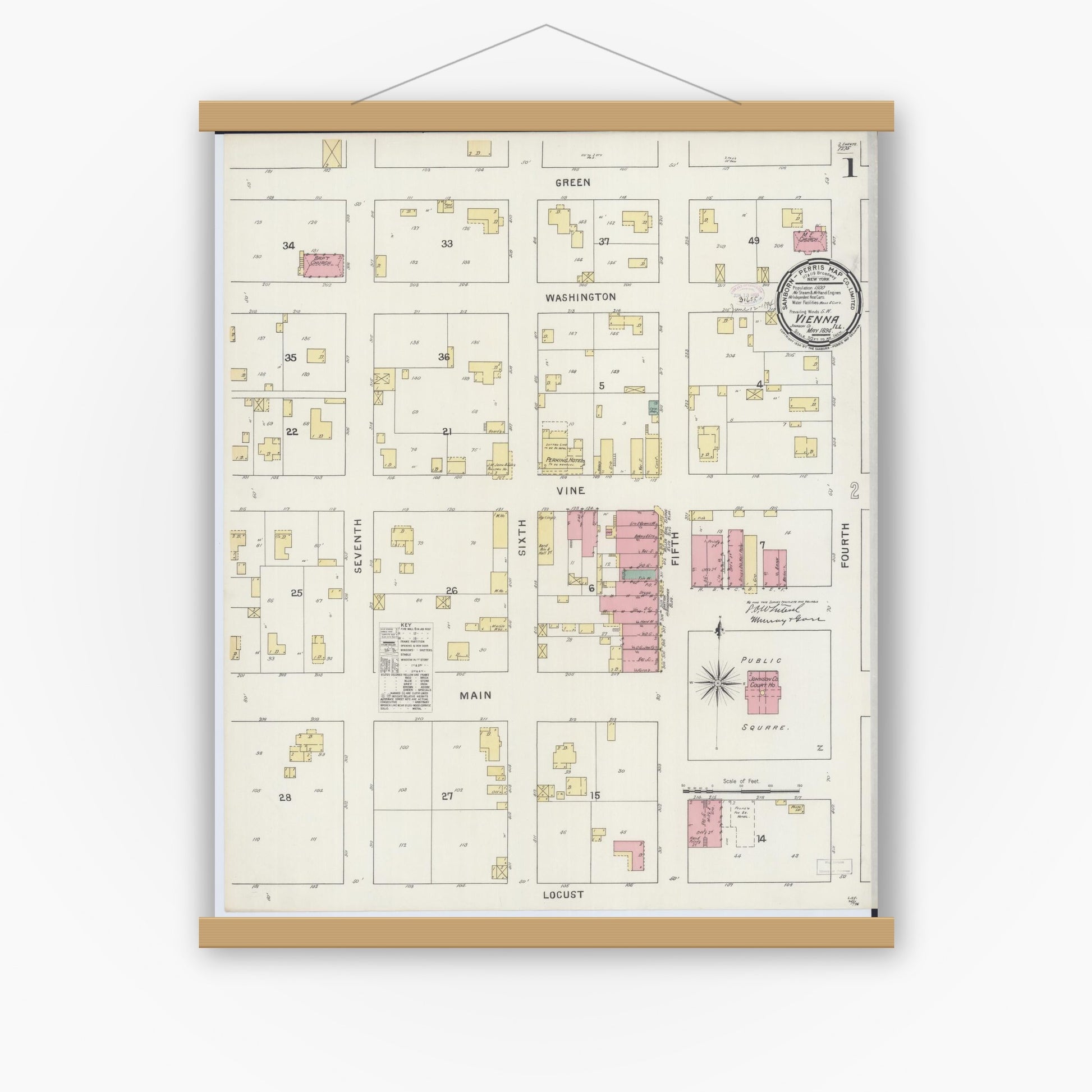 Old map wall art mockup — magnetic wood frame on white wall — Sanborn Fire Insurance Map from Vienna, Johnson County, Illinois (1894) - Complete Map Set