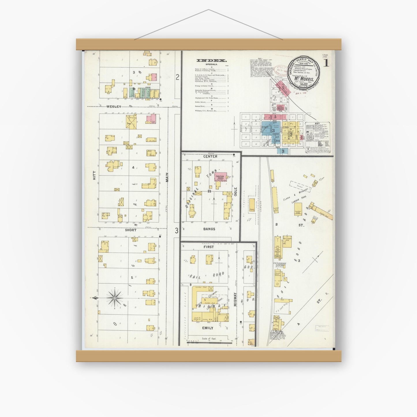 Old map wall art mockup — magnetic wood frame on white wall — Sanborn Fire Insurance Map from Mount Morris, Ogle County, Illinois (1893), Sheet #0001