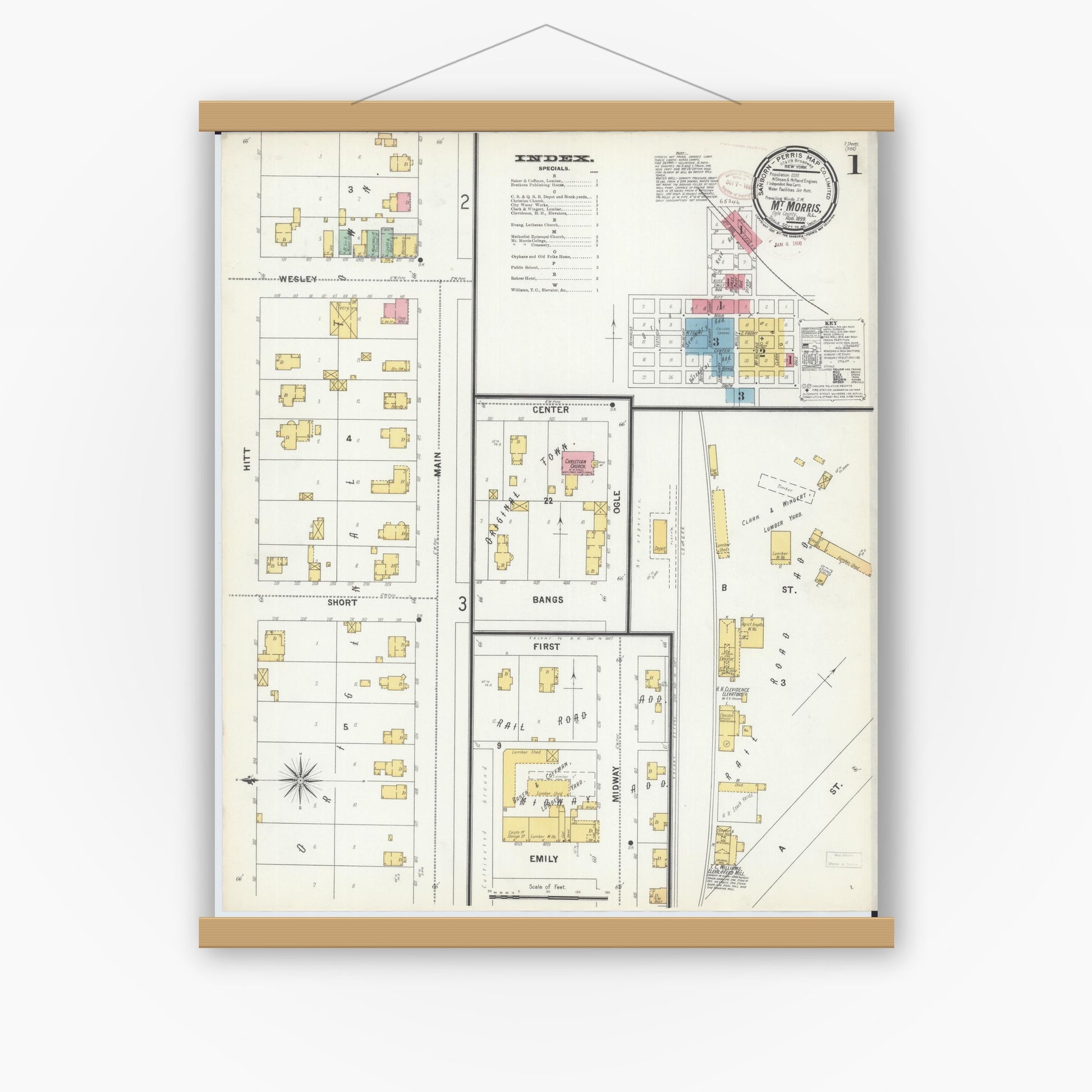Old map wall art mockup — magnetic wood frame on white wall — Sanborn Fire Insurance Map from Mount Morris, Ogle County, Illinois (1893), Sheet #0001