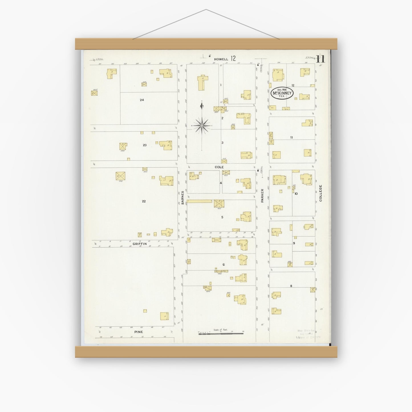 Old map wall art mockup — magnetic wood frame on white wall — Sanborn Fire Insurance Map from McKinney, Collin County, Texas (1908), Sheet #0011